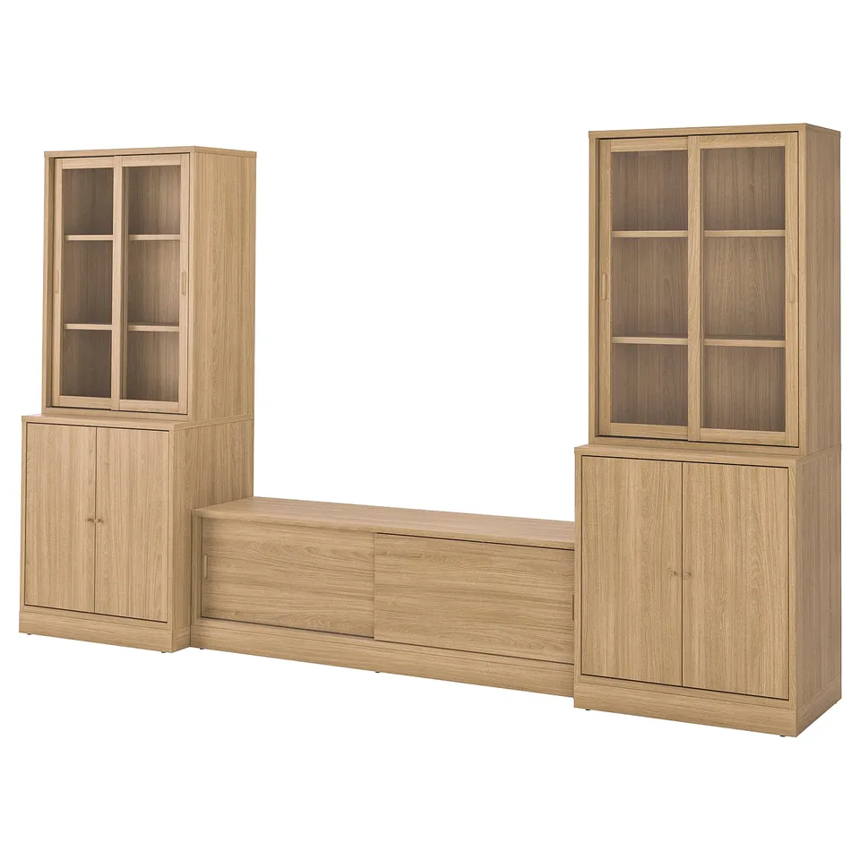 A TONSTAD light oak wooden tv unit and cabinets. It a modern, minimalist design with glass doors, adjustable shelves, and integrated handles.