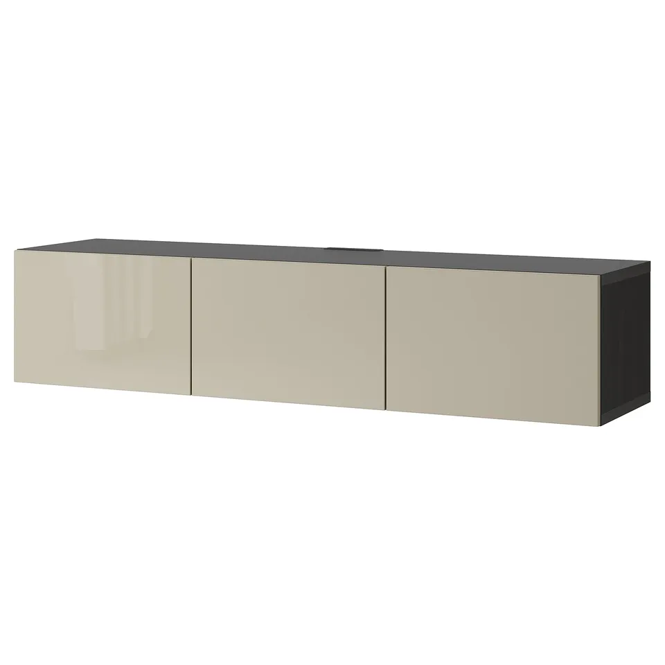 Beige BESTÅ tv bench with 3 doors and cable management, black top.