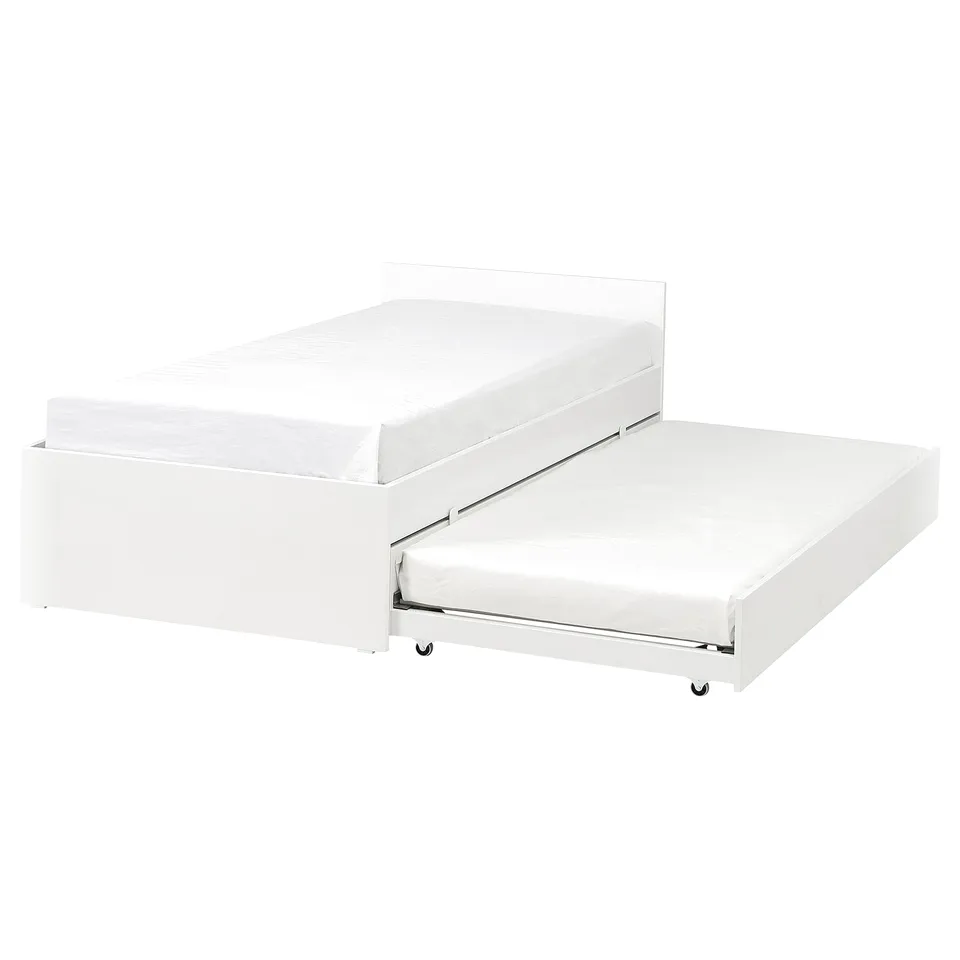 White VIHALS bed frame, sleek design, with pull-out trundle.