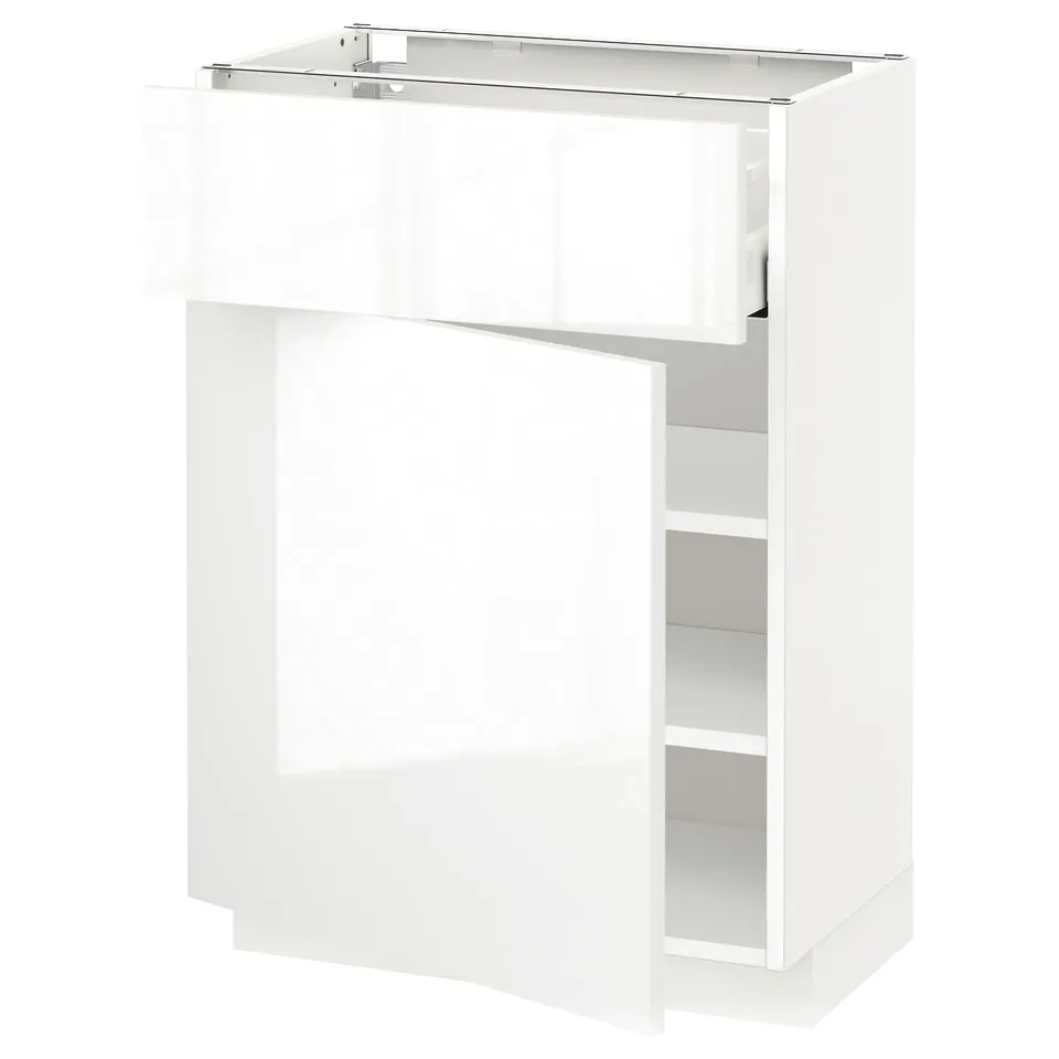 White high-gloss ikea METOD kitchen cabinet with glass door.
