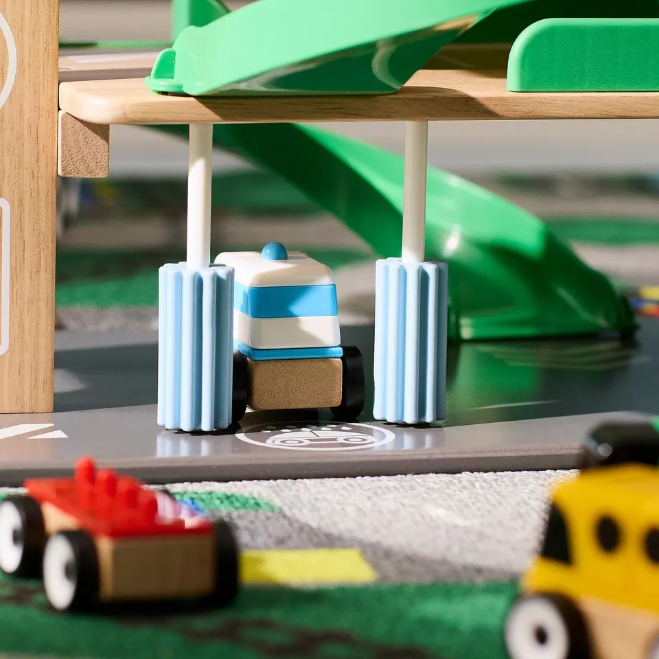 LILLABO 4-piece vehicle set, sports car/school bus recycling truck/police car/multicolour