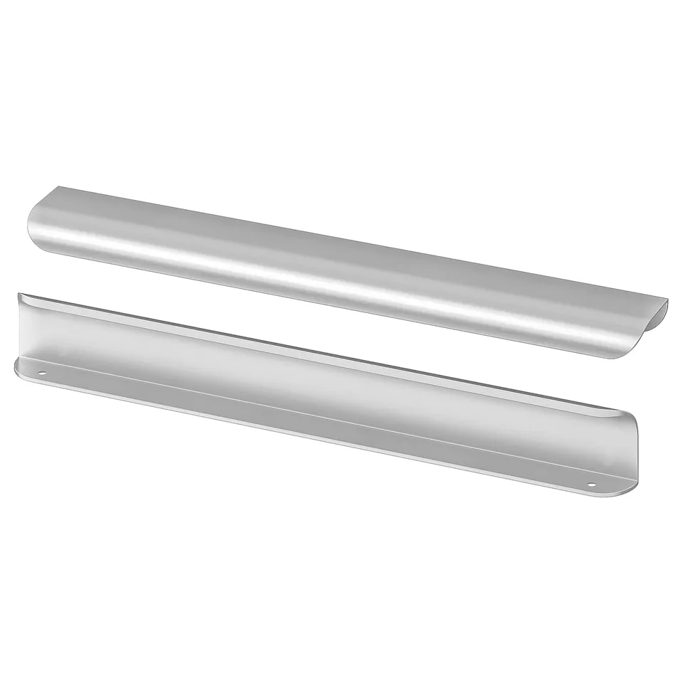 Two sleek aluminium BILLSBRO handles, silver, lying side by side. Modern minimalist design with clean lines.