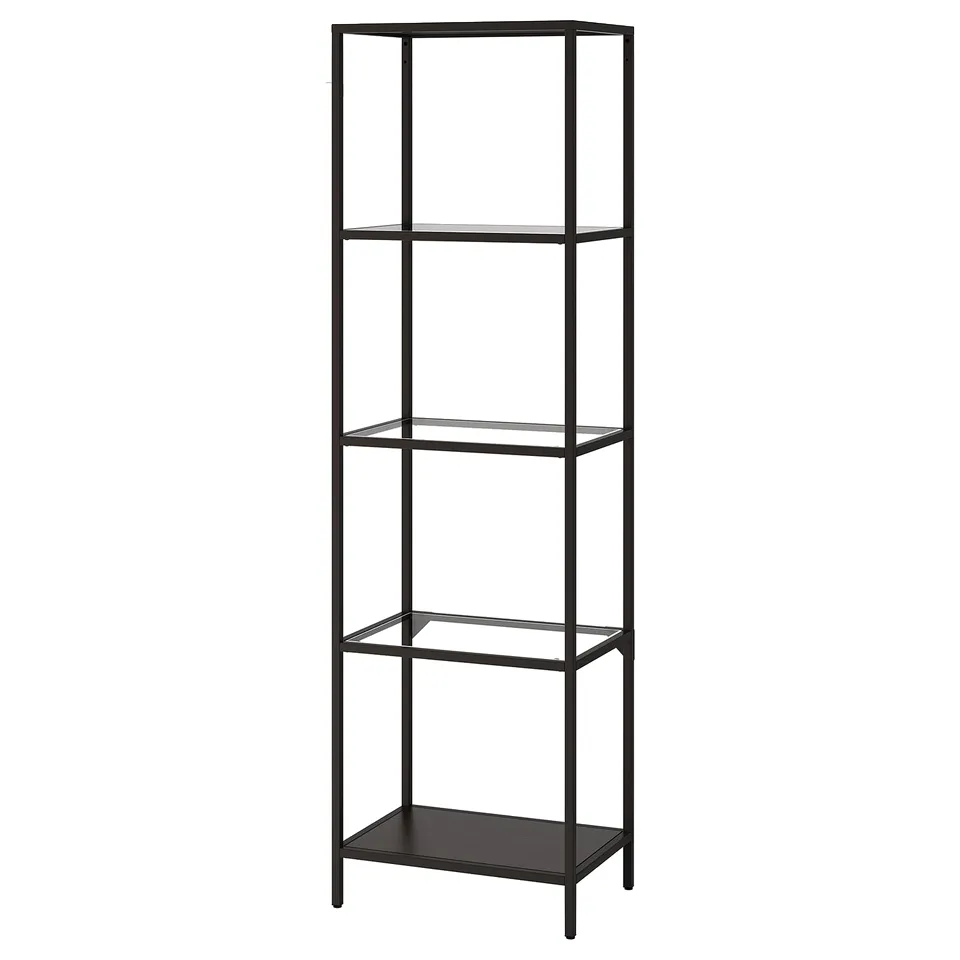 VITTSJÖ, black shelf with glass. Minimalist design, tall, metal & glass.