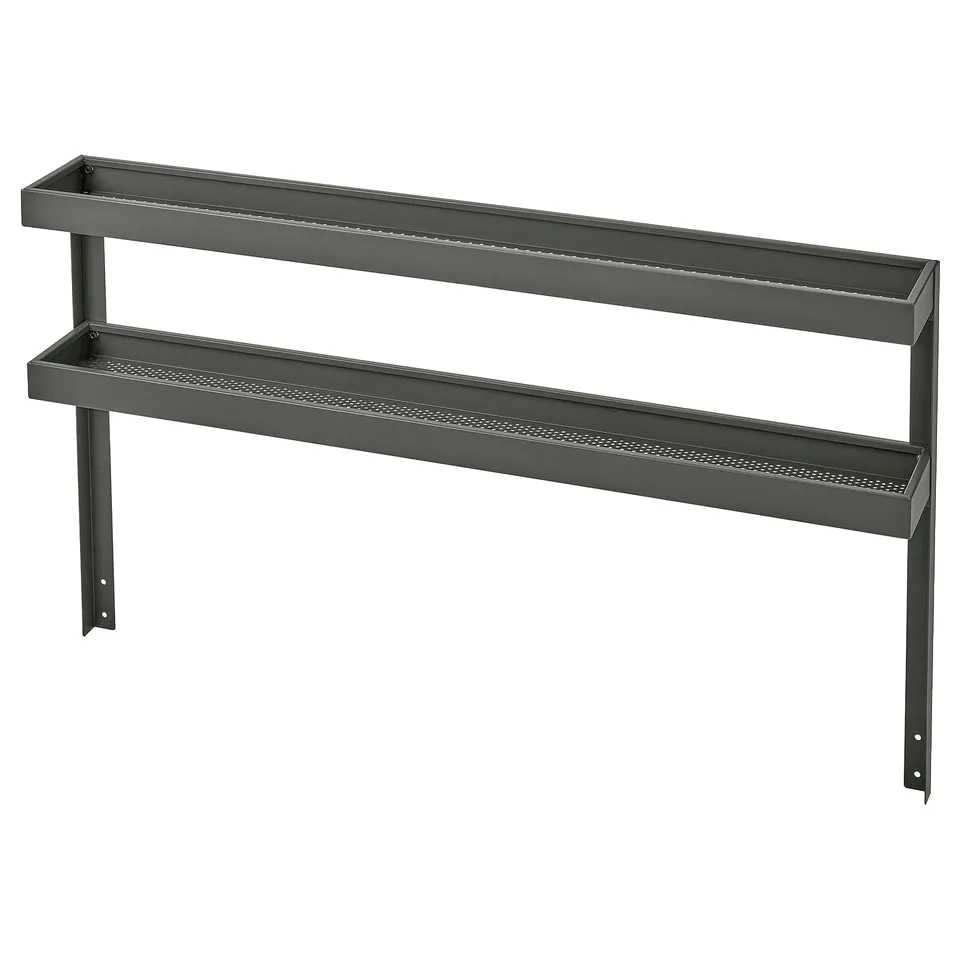 Black BÅTSKÄR metal shelf with two perforated steel shelves, sleek and functional design for outdoor kitchen storage.