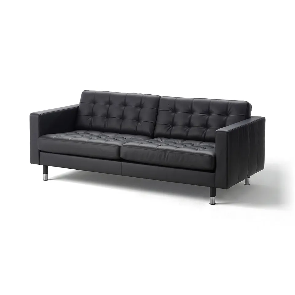 Black leather couch, tufted back & seat, metal legs, minimalist design.