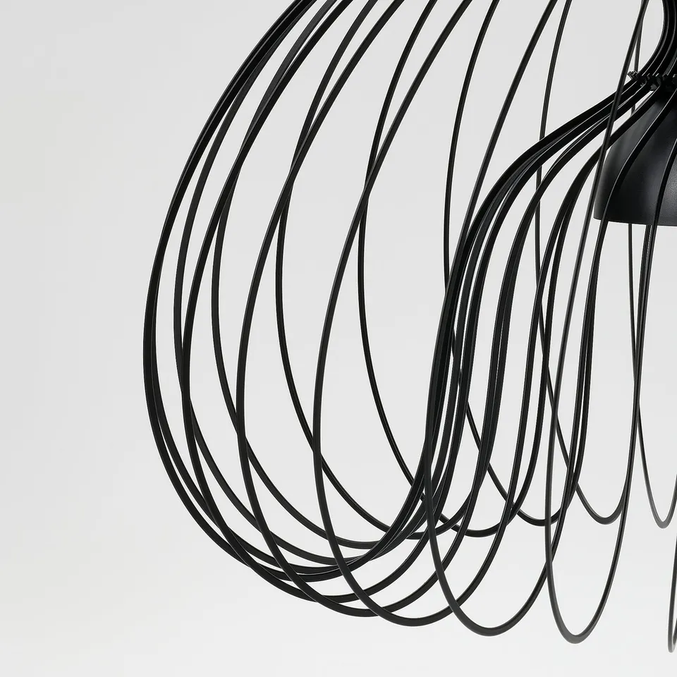 Modern, black pendant lamp with intricate, curved metal wires creating an airy design. Innovative shade holds bulb, casting dynamic shadows.