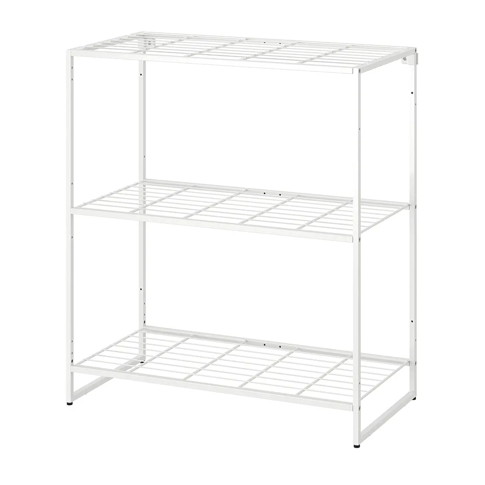 White metal 3-shelf JOSTEIN storage unit for indoor/outdoor use.