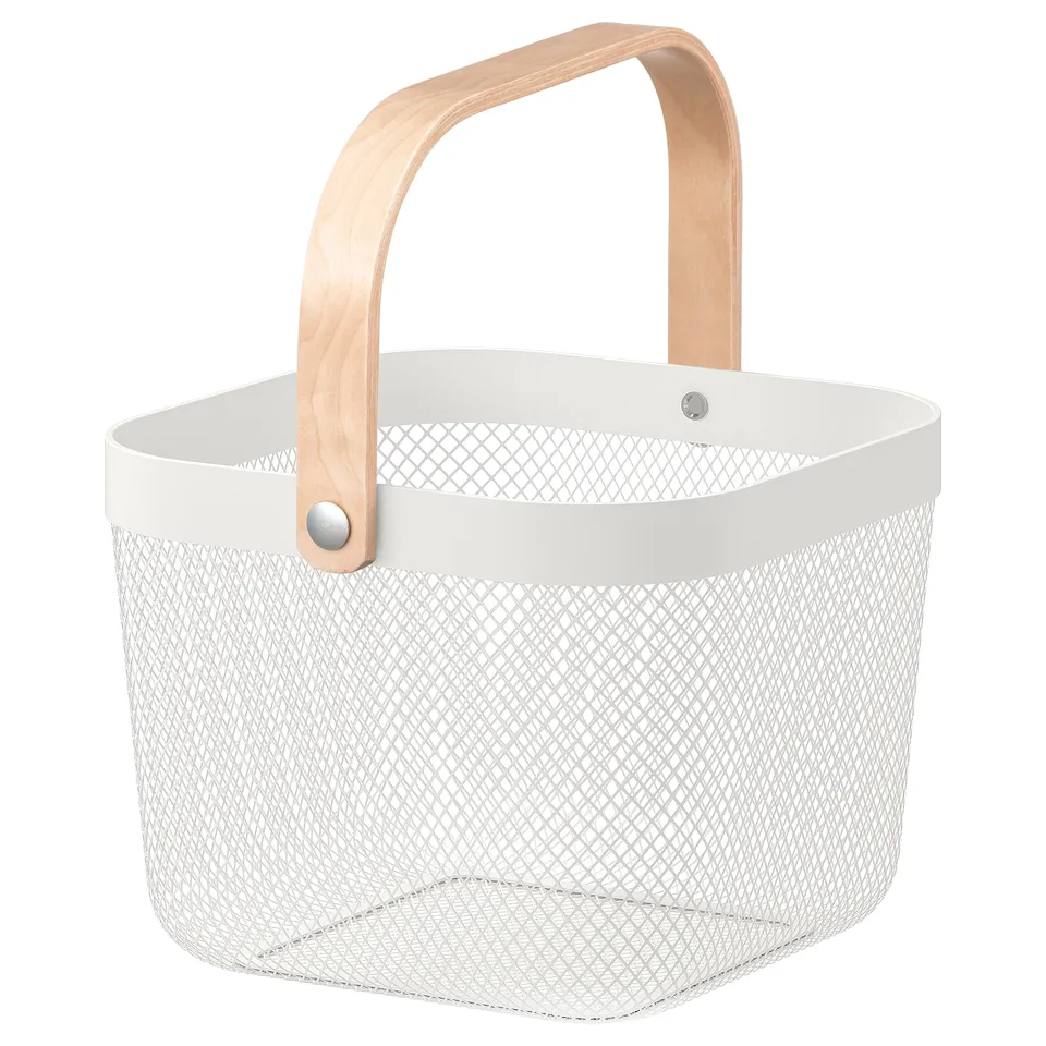 The RISATORP white metal and wood basket is a versatile storage organiser with a wooden handle and mesh design.
