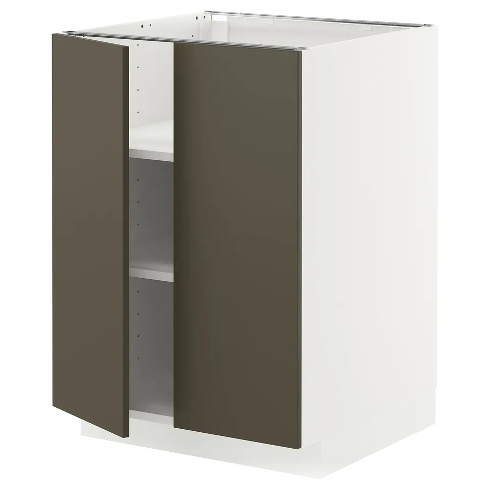An ikea METOD kitchen cabinet with dark brown havstorp doors, featuring a rectangular shape and adjustable shelves.