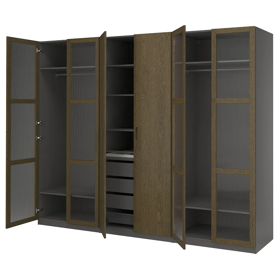 PAX wardrobe, gray-brown, oak, rectangular, open doors revealing shelves and drawers.