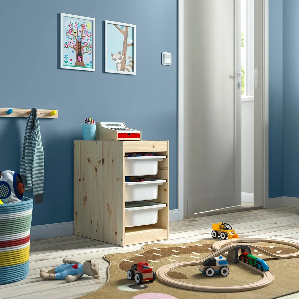 TROFAST toy storage in kids playroom with art & train.