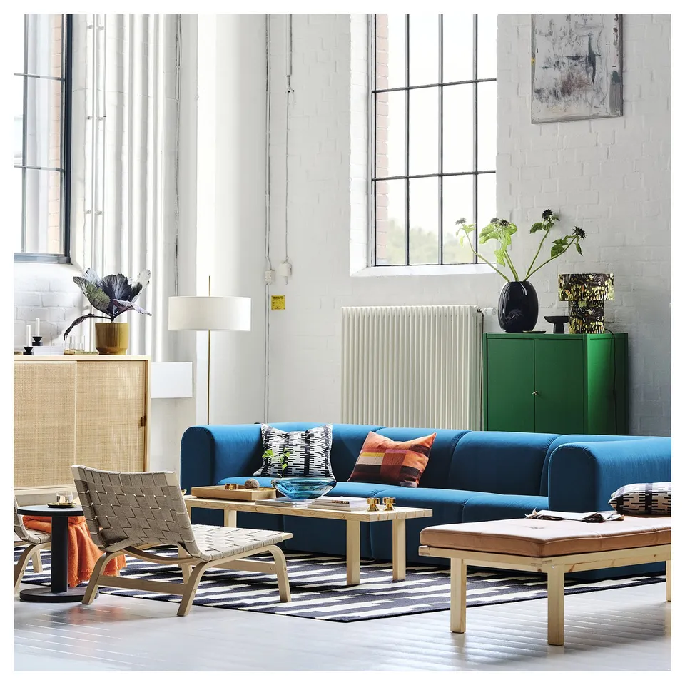 Modern white bench, natural materials, comfortable.