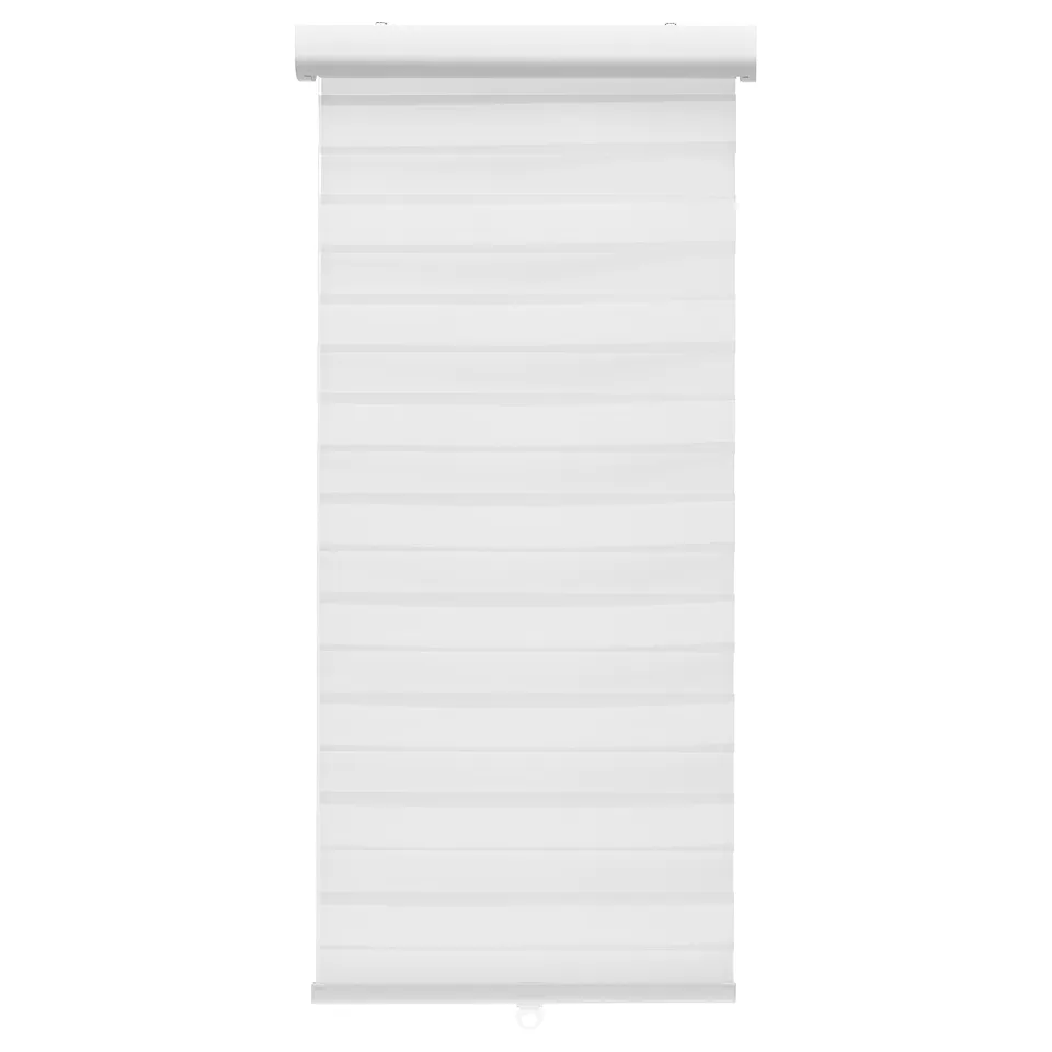 White TANDLUNDFLY double roller blind; cordless, sheer to private, soft-close, mounted inside/outside or ceiling.