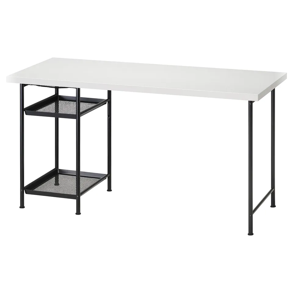 LAGKAPTEN desk: white top, black metal base with shelves, modern design.