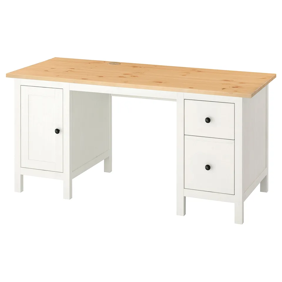 Ikea HEMNES desk, white with light wood top, solid pine, rectangular shape, practical storage.