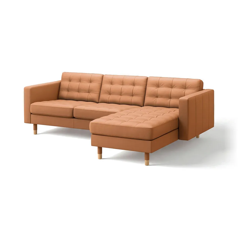 Modern camel leather sectional sofa, tufted design, wood legs.