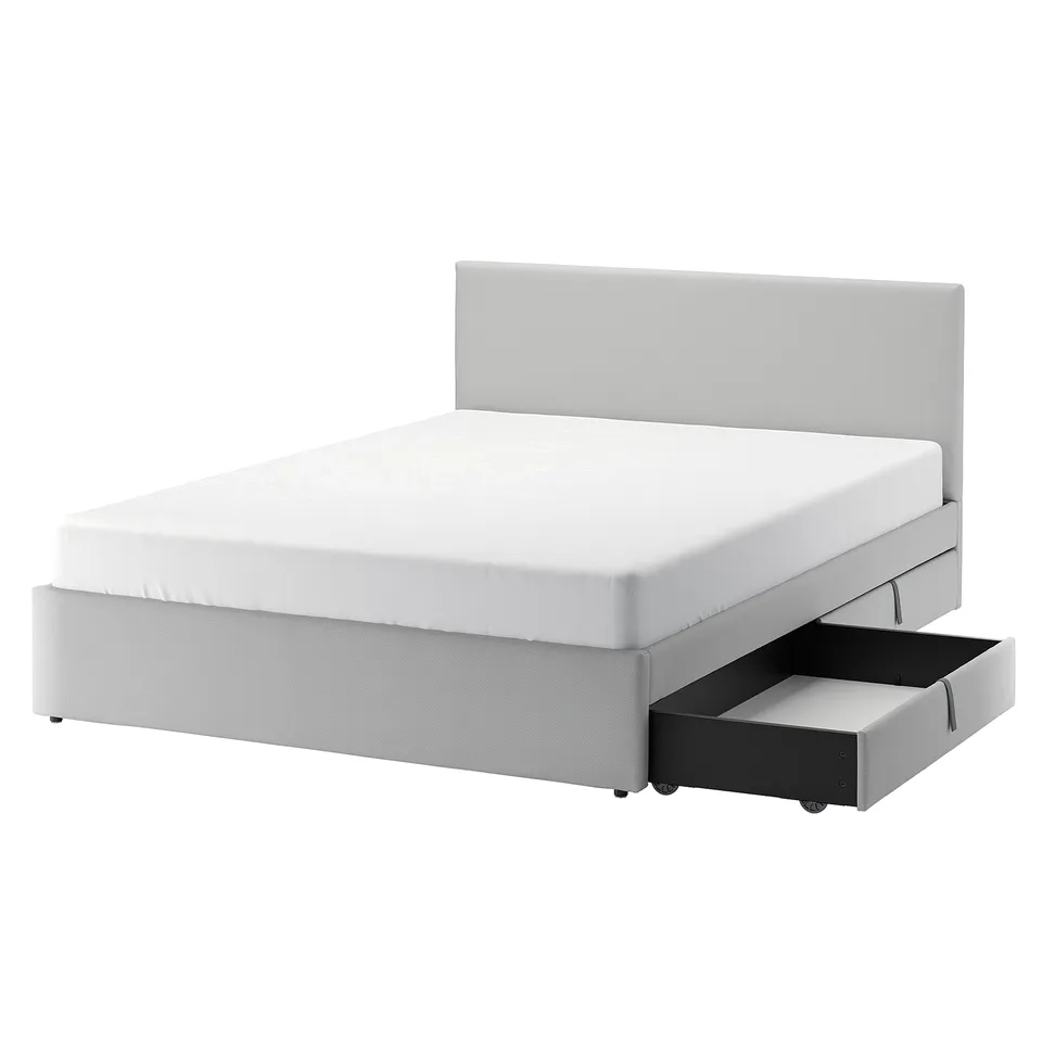 Modern grey bed with storage boxes, upholstered headboard, and casters for easy access.