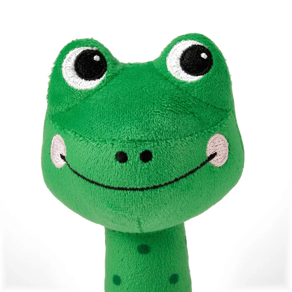 Bright green frog toy with large, smiling eyes, soft texture, and gentle rattle sound. Perfect for baby play and sensory development.