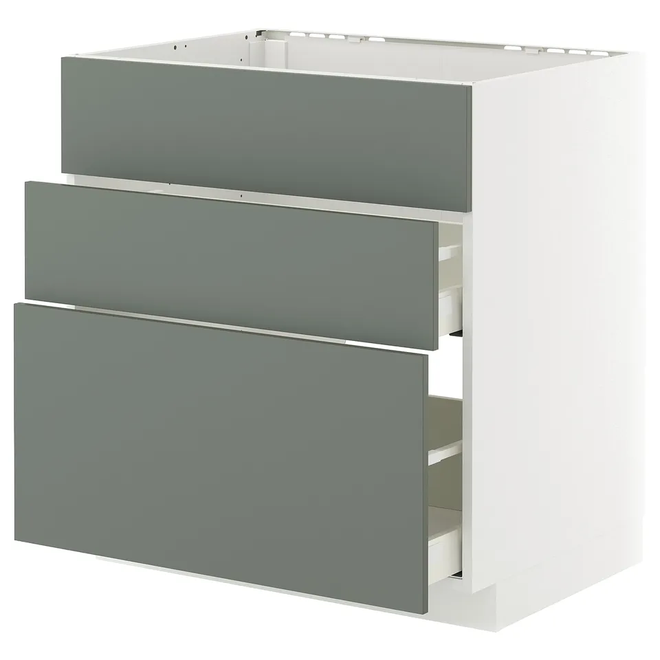 METOD kitchen unit with 3 grey-green drawers, modern design.