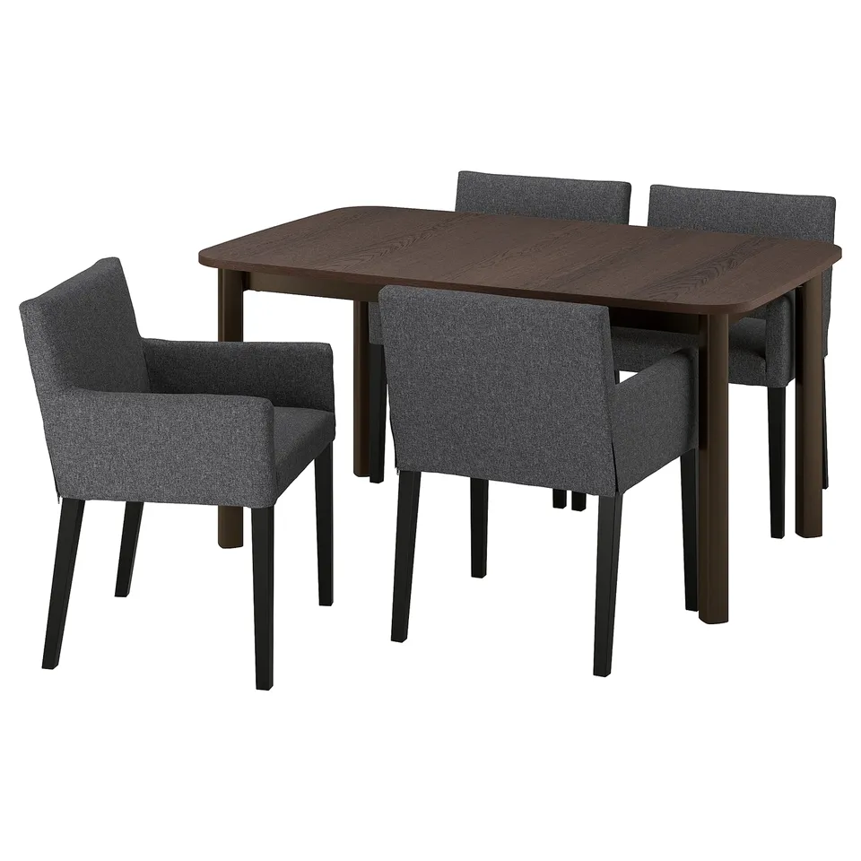 A STRANDTORP dining set with a dark brown wooden table and four grey fabric chairs.