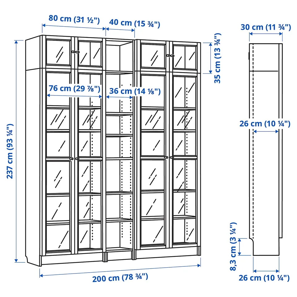 Illustration with measurements for the product: BILLY.