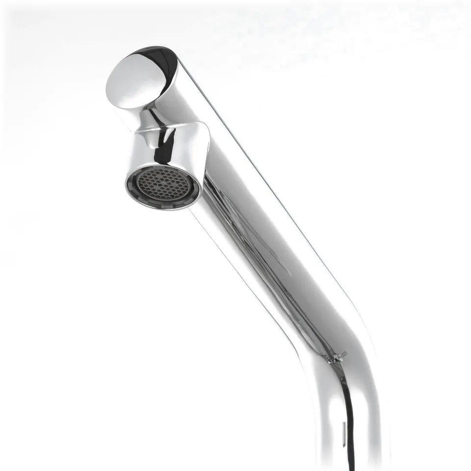 A sleek, chrome-plated metal tap with a curved neck and aerated spray nozzle, designed for durability and efficient water use.