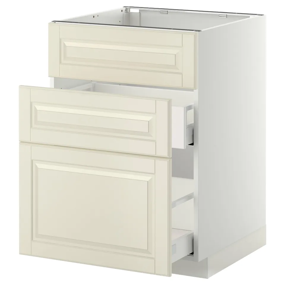 A white METOD kitchen cabinet with bevelled off-white bodbyn fronts, featuring two drawers with a smooth, traditional design.