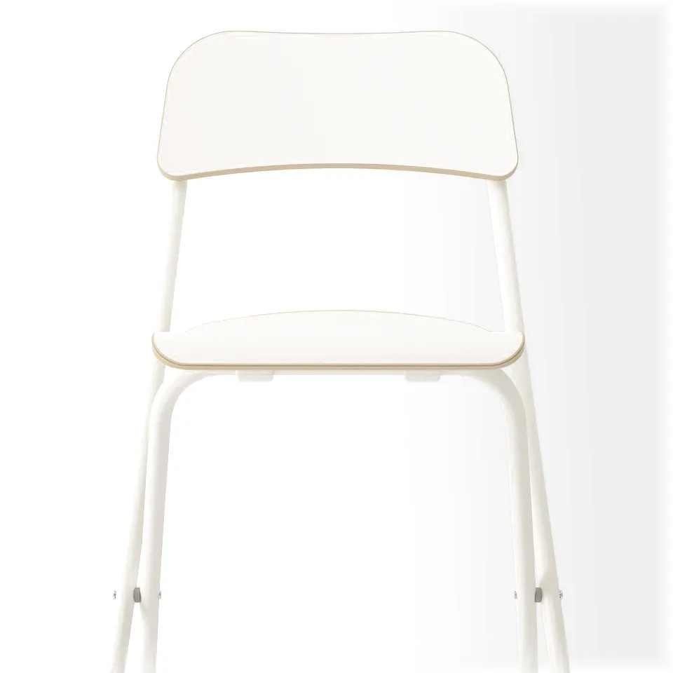 White modern bar stool with back support and footrest, sleek design.