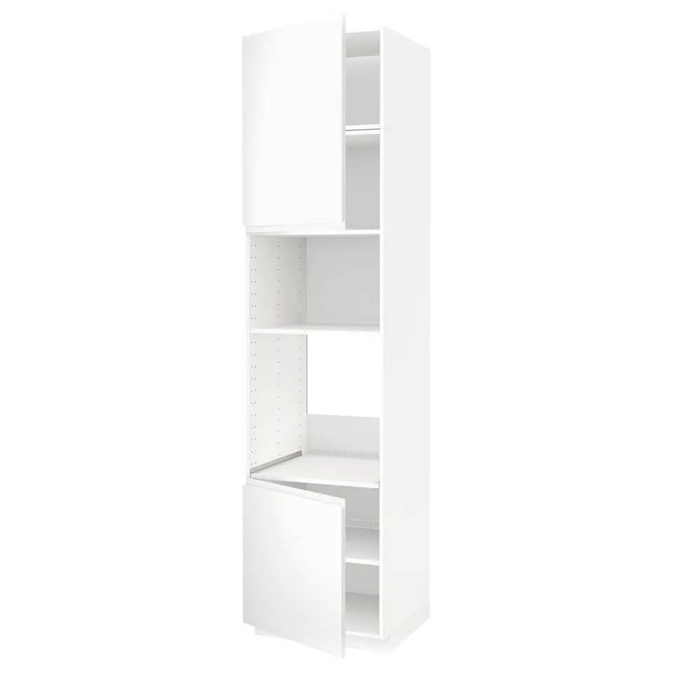 White METOD kitchen cabinet with open door, minimalist design.