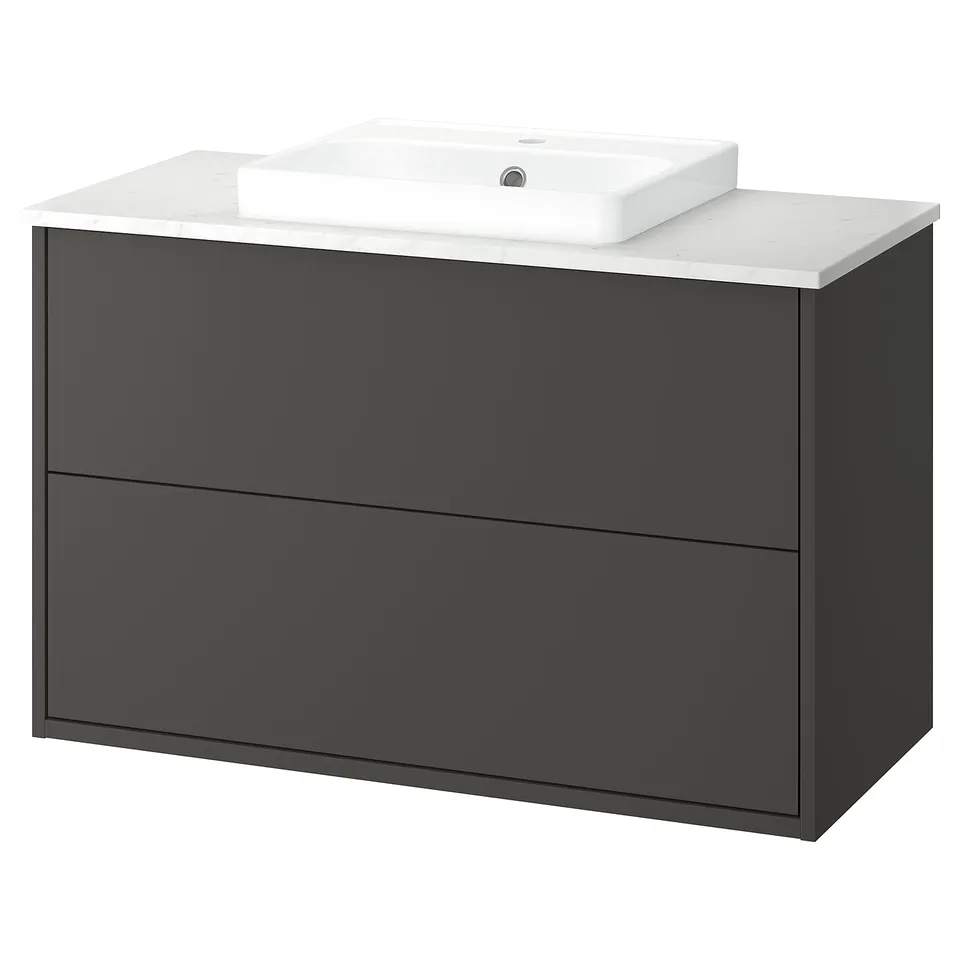 HAVBÄCK vanity, grey, marble top, 2 drawers, rectangle shape, modern design.