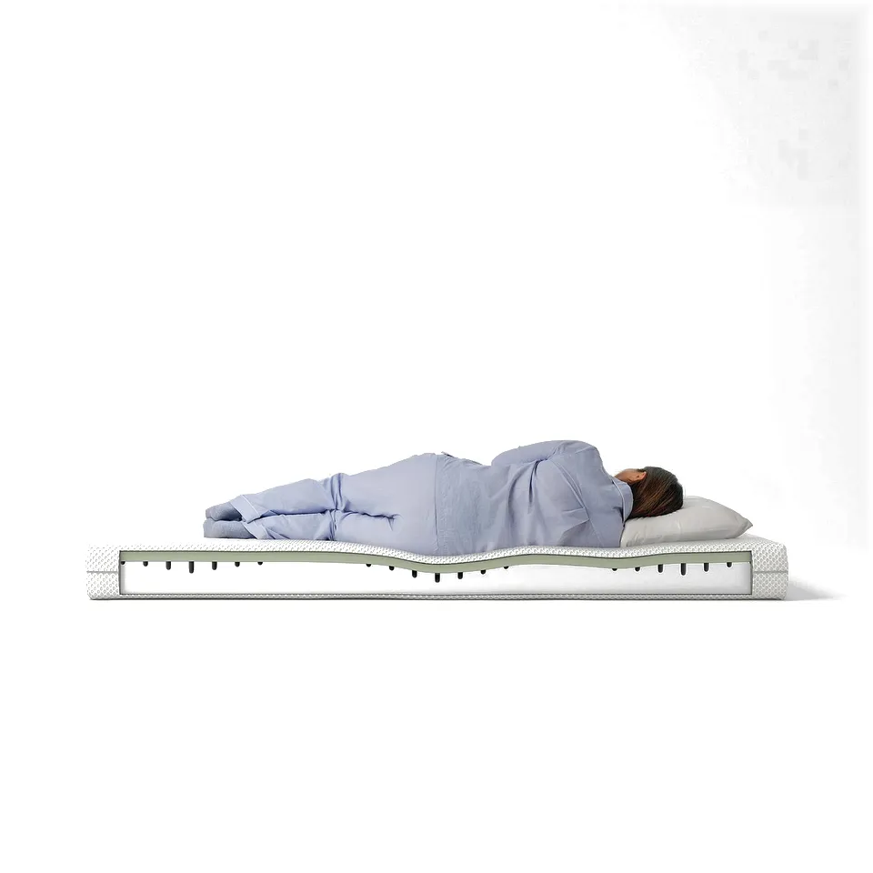 A person sleeps on a light blue ÅBYGDA mattress with a white zip, against a white background.