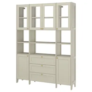GULDDRAGARE storage combination, beige clear glass/with doors and shelves with 3 drawers, 162x37x216 cm