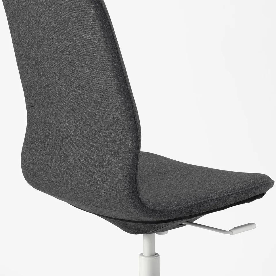 Modern office chair with dark grey fabric, ergonomic design, tilt function, and height-adjustable seat.