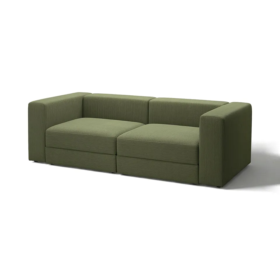 Modern olive green l-shaped sectional sofa with clean lines, soft comfort, and under-seat storage.