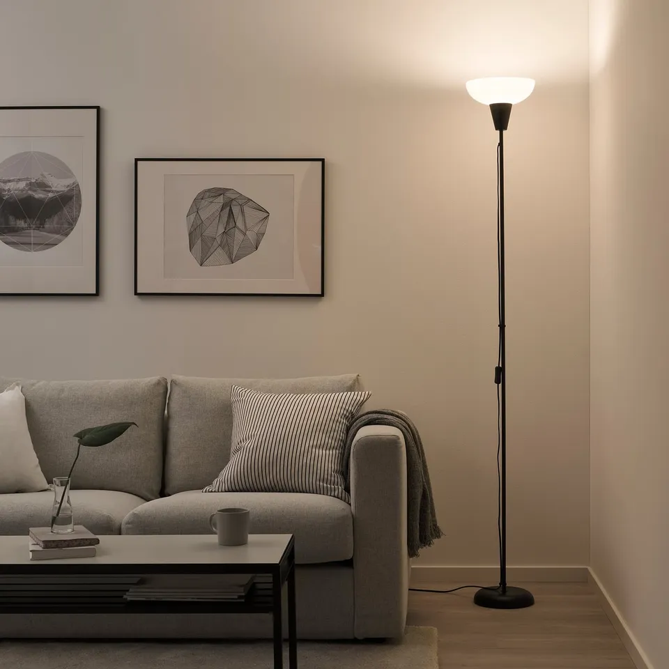Modern living room with TÅGARP black floor lamp, grey sofa, and art.