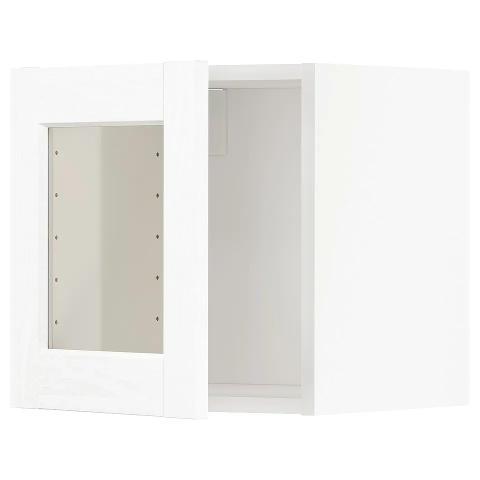White METOD kitchen cabinet with frosted glass door, square shape, sleek modern design.