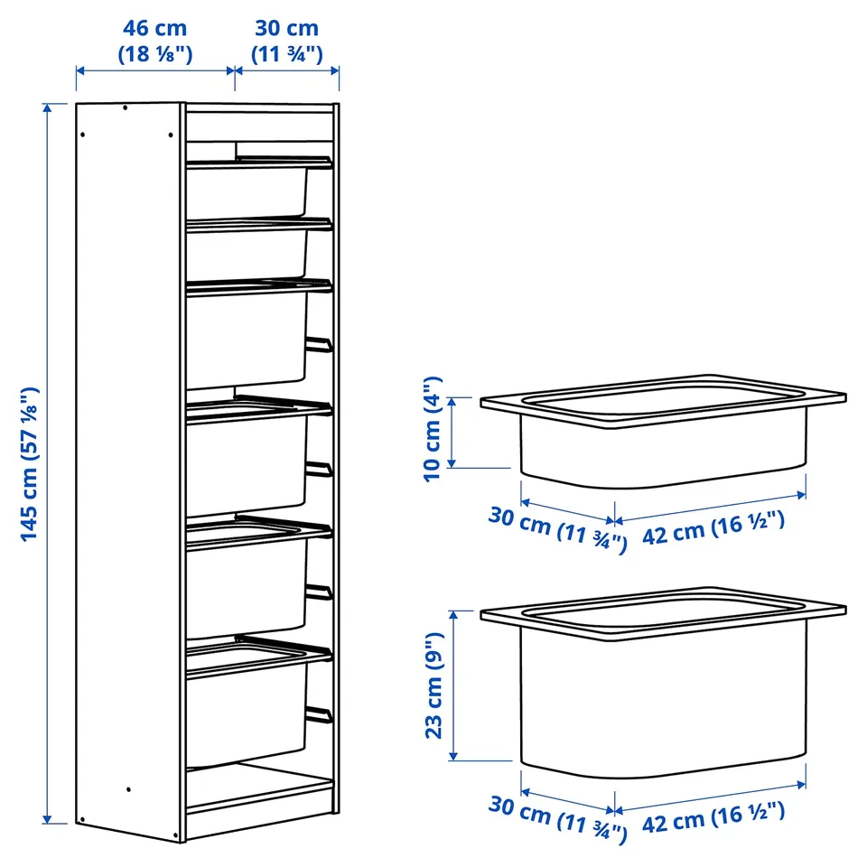 Illustration with measurements for the product: TROFAST.