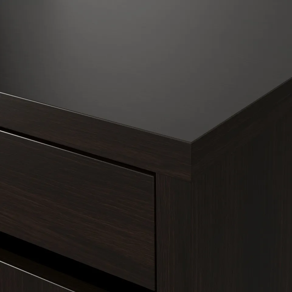 Dark wooden side panel detail, smooth and polished. Drawers edge visible, sturdy and sleek design.
