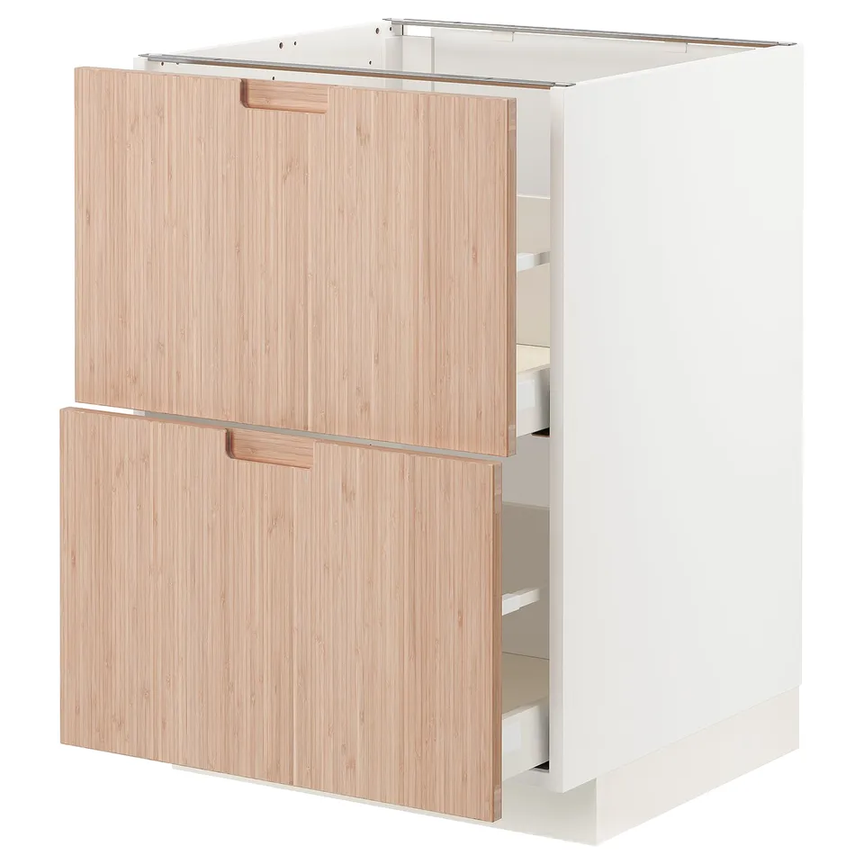 Modern kitchen unit: METOD with light bamboo drawers, sleek minimalist design, white frame, full-extension drawers.