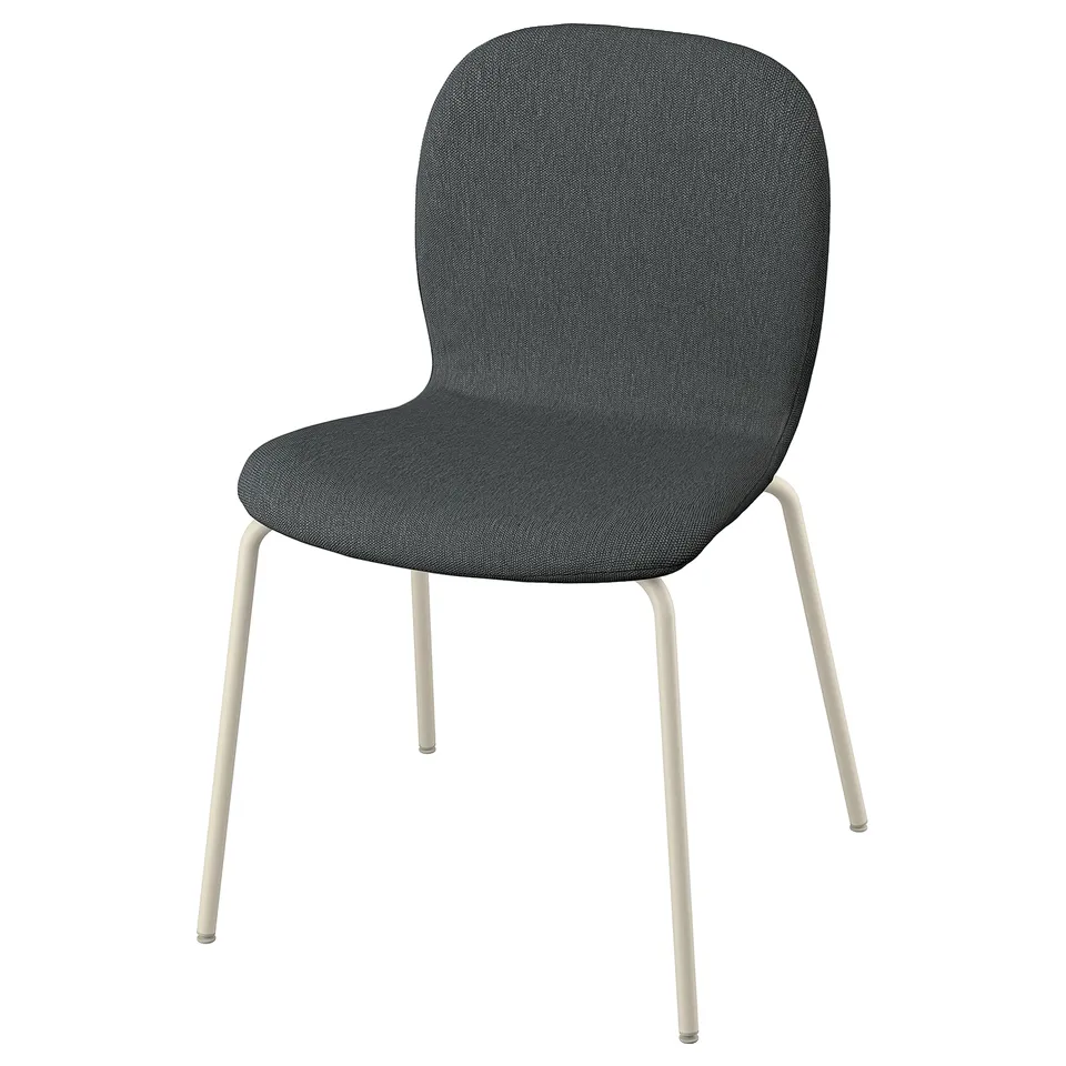 Skålstà chair: deep blue seat, light legs. Rounded shape, textured fabric.