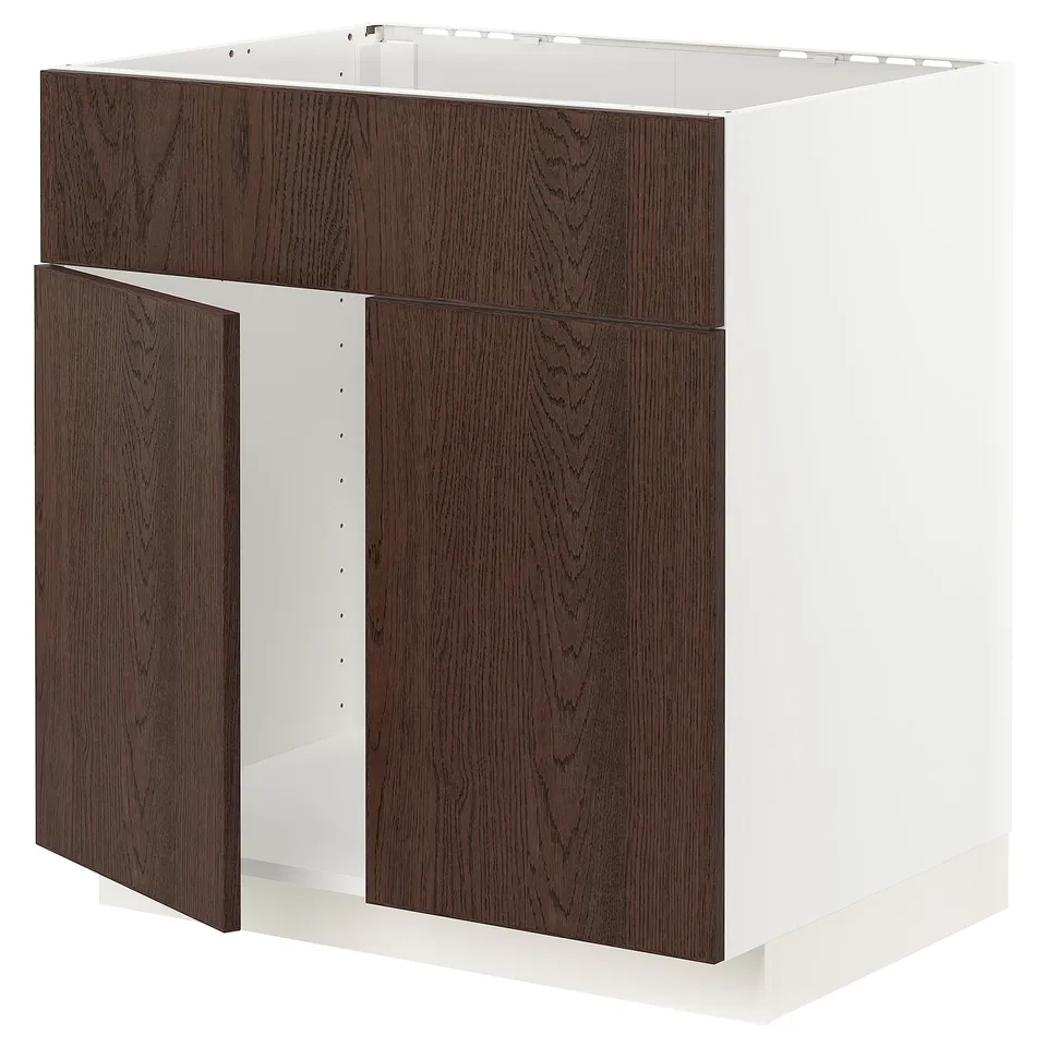 Modern kitchen cabinet, METOD, dark brown sinarp wood, white, rectangular, clean design.