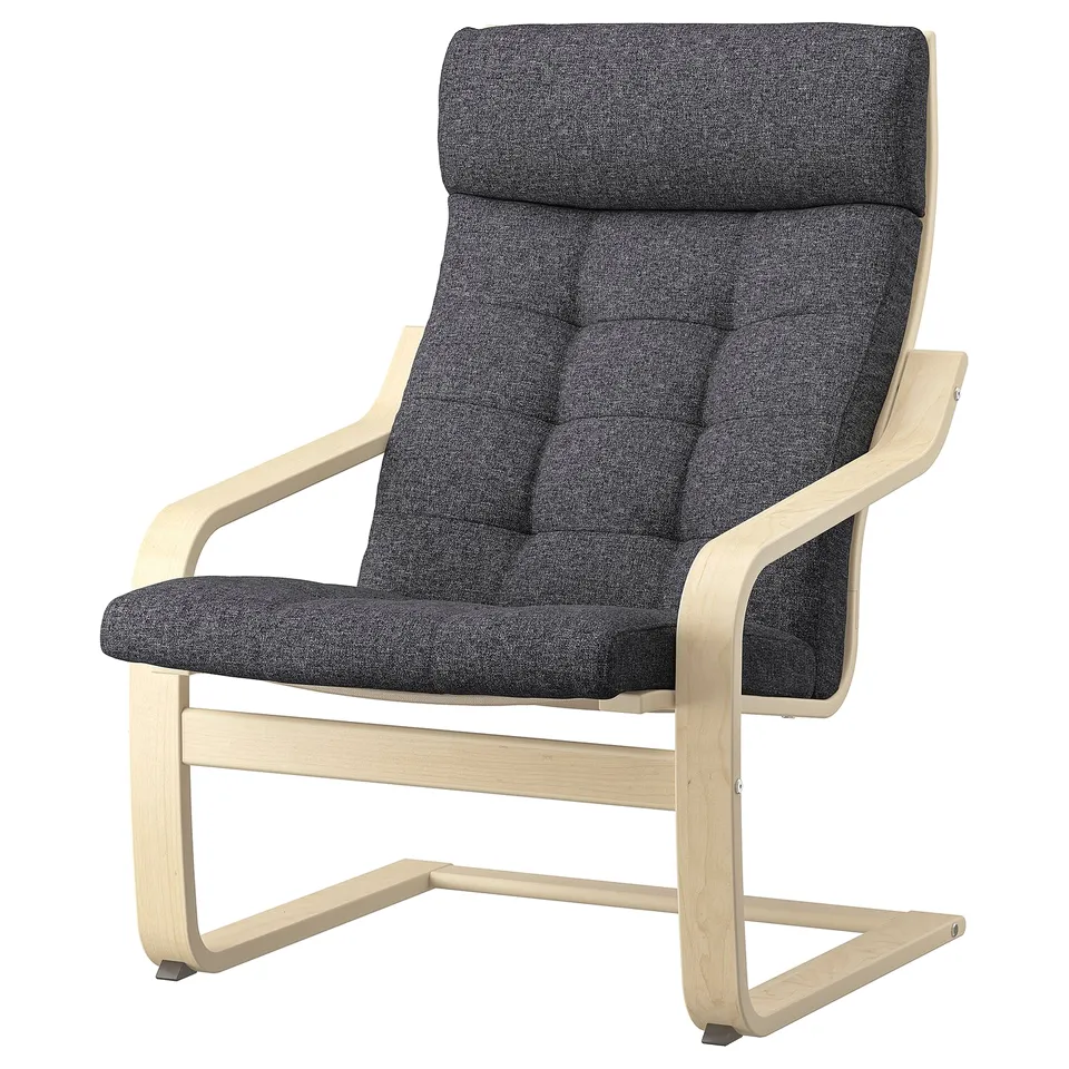 POÄNG armchair in light wood, dark grey upholstery, with cushioned seat and backrest