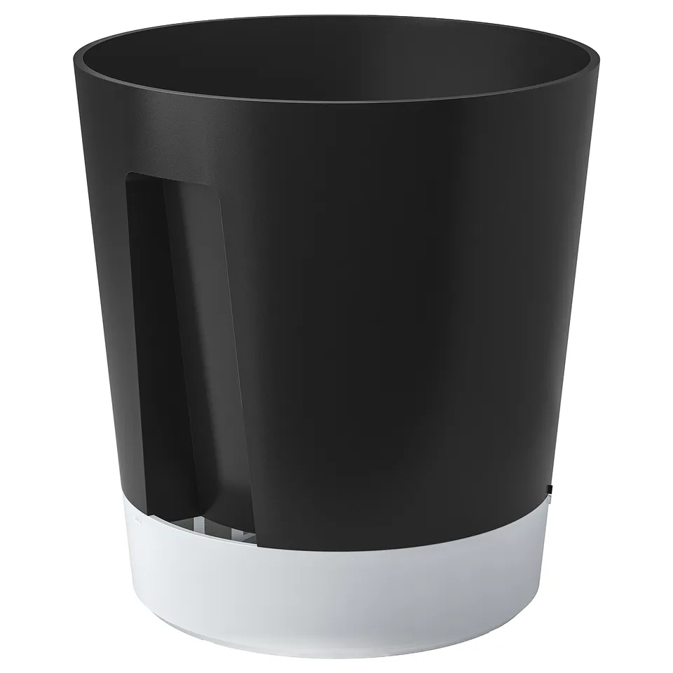 Black and white cylindrical self-watering planter with a sleek, modern design.