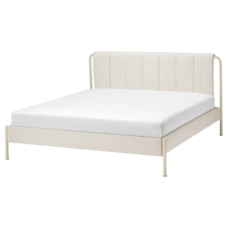 Modern cream TÄLLÅSEN bed: sleek lines, padded headboard, metal legs. Upholstered in beige, recycled fabric.