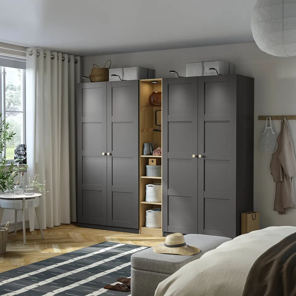 PAX / BERGSBO Wardrobe combination, dark grey dark grey/oak effect, 235x60x201 cm