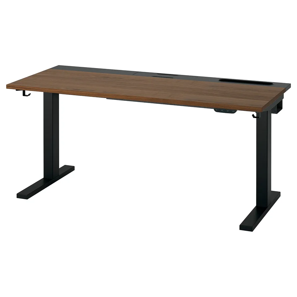 MITTZON desk: brown wood top, black metal legs, height adjustable.