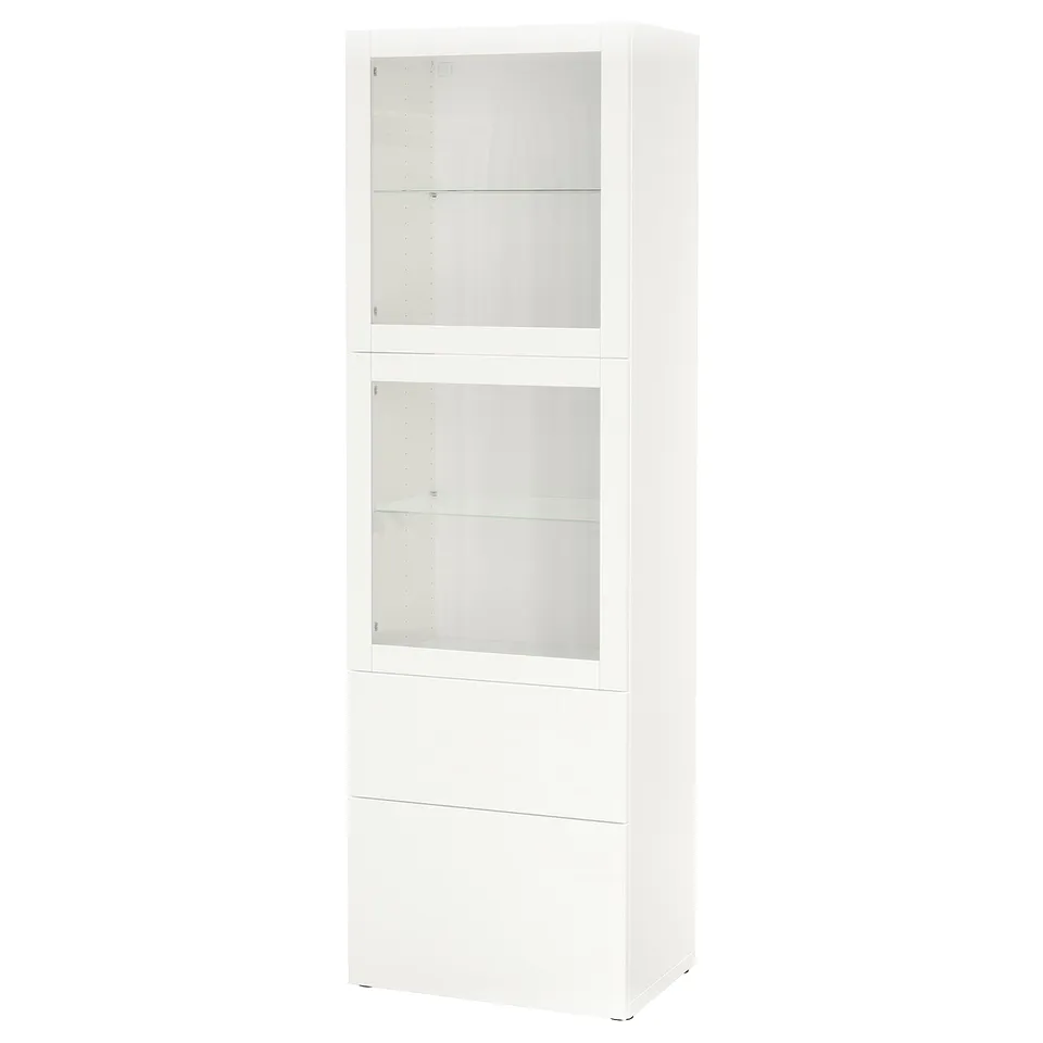 White BESTÅ cabinet with glass doors for display and storage, modern minimalist design.