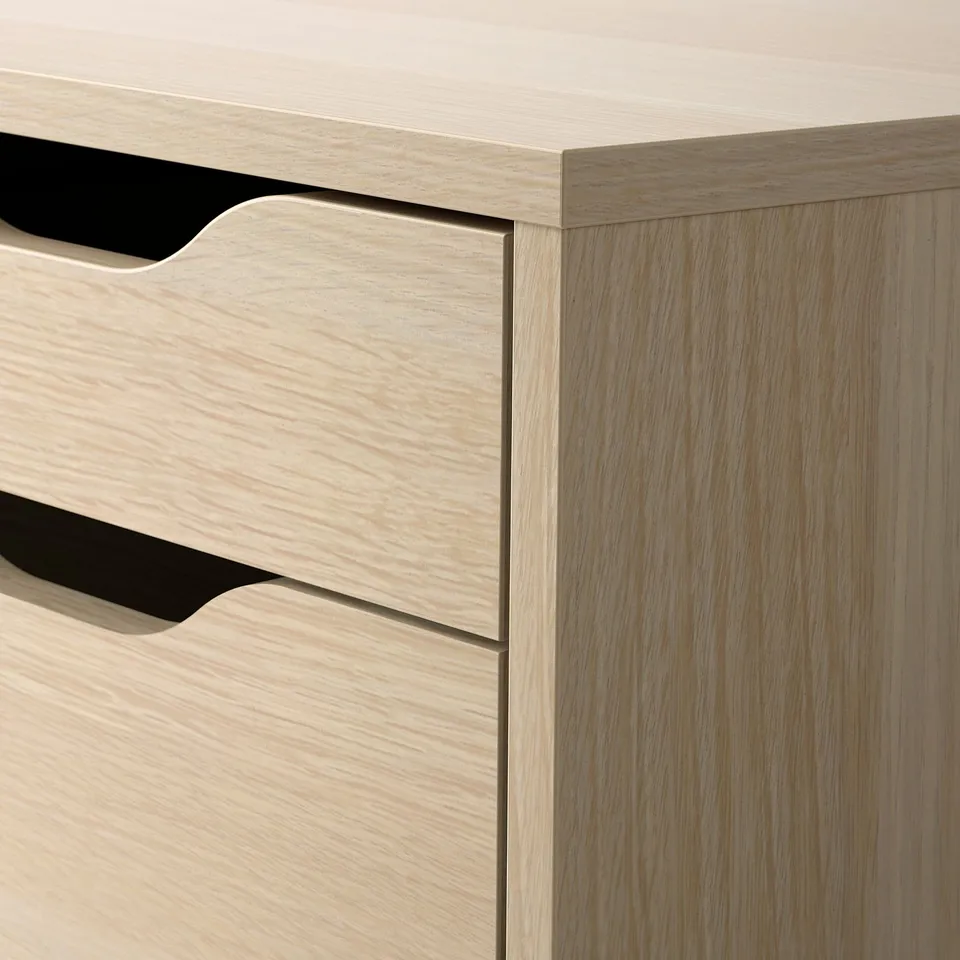 Light wood grain ALEX drawers, smooth finish, clean look.