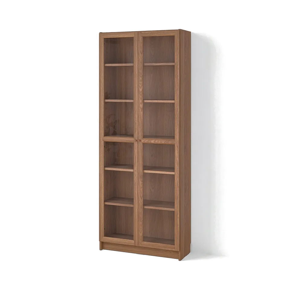 BILLY / OXBERG Bookcase with glass doors, brown walnut effect, 80x30x202 cm