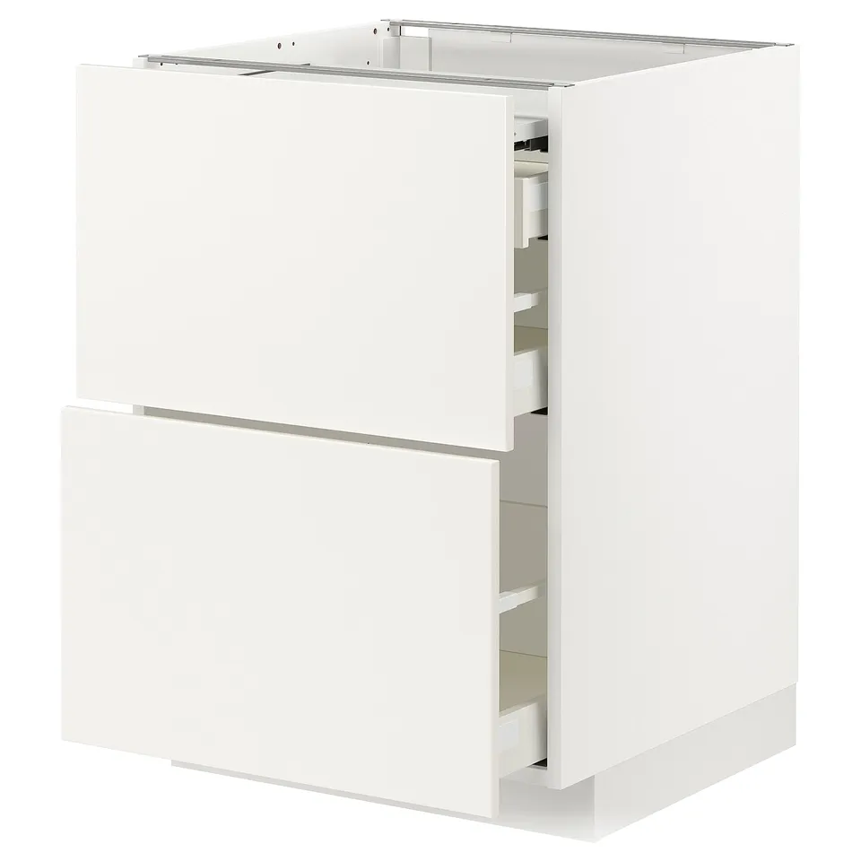 A white METOD kitchen unit with two drawers and one cabinet. Its modern, sleek, and designed for storage.